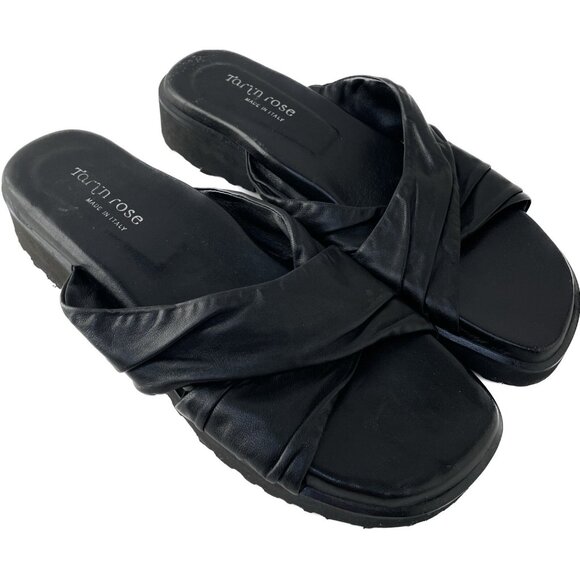 Taryn Rose Womens 6.5 Black Leather Slide Sandals Low Heel Made in Italy - Picture 2 of 8